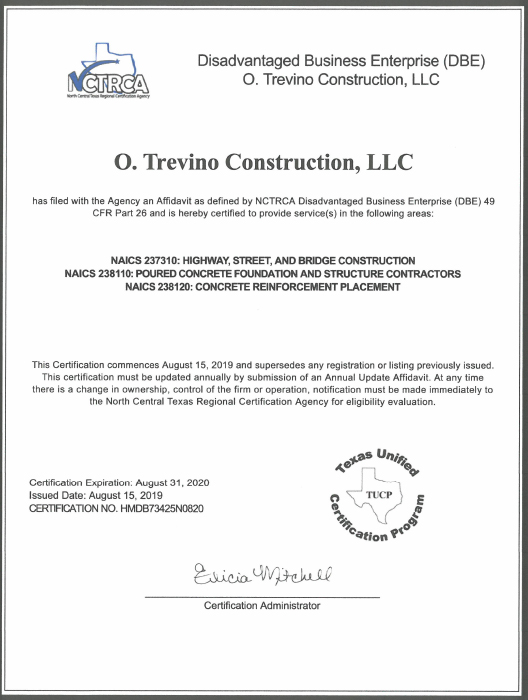 MINORITY CERTIFICATION – O. Trevino Construction